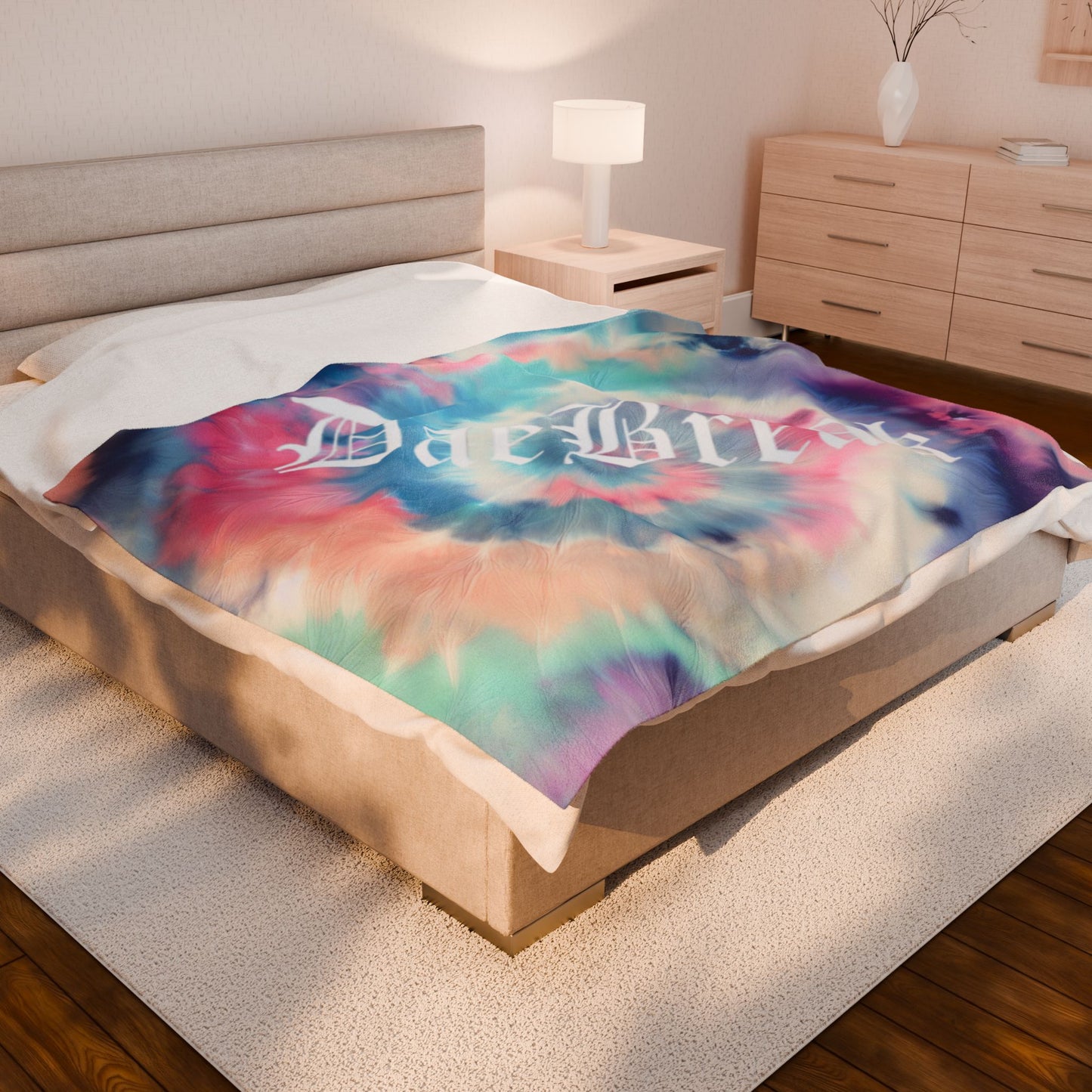 DaeBreak Text Logo Colorful Tie-Dye Velveteen Plush Blanket - Cozy Throw for Comfort and Style